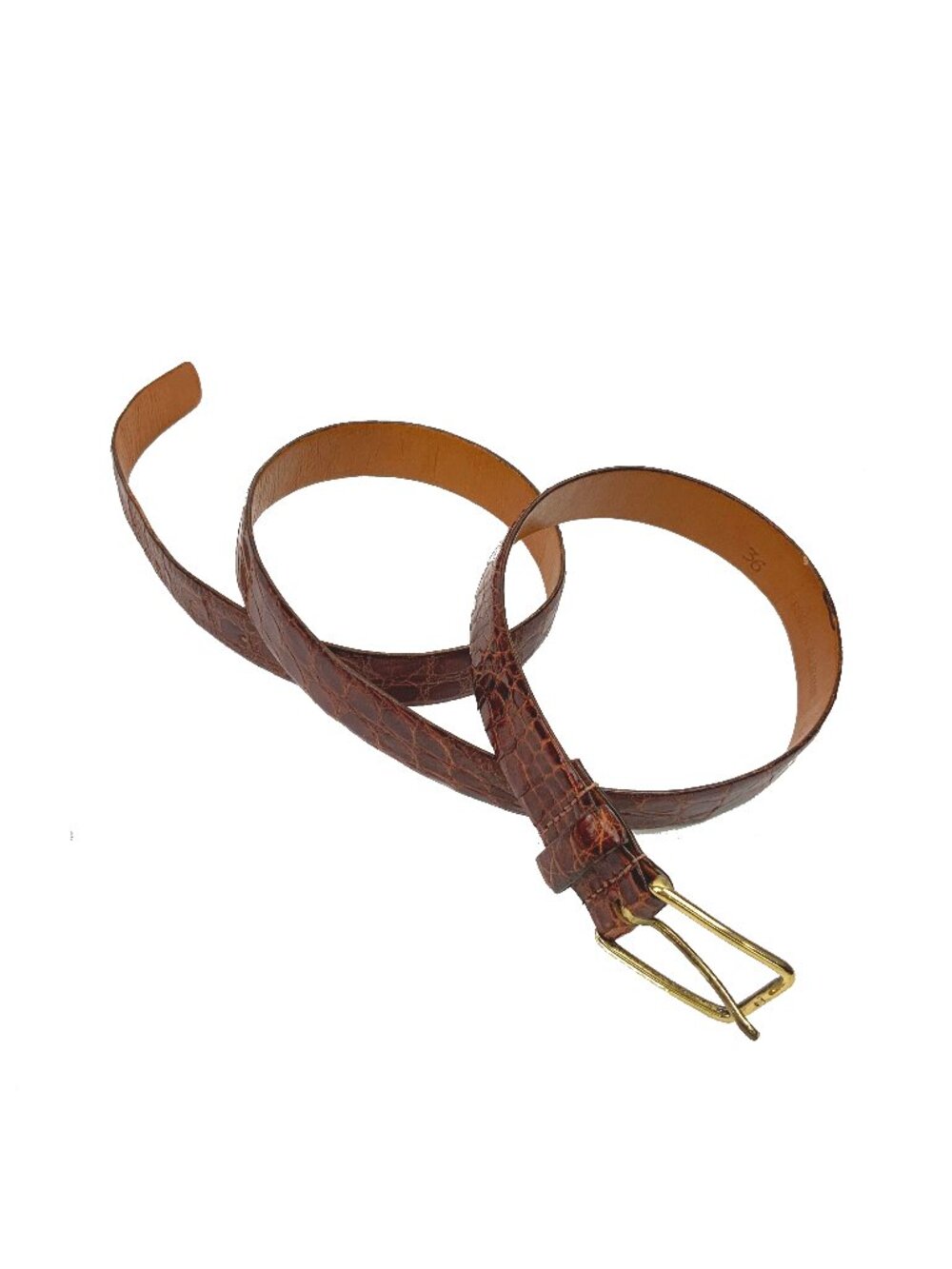 Vintage Brown Crocodile-Embossed Leather Belt with Gold Buckle